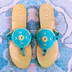 Jack Rogers Caribbean Blue/Gold Georgica Leather Sandals